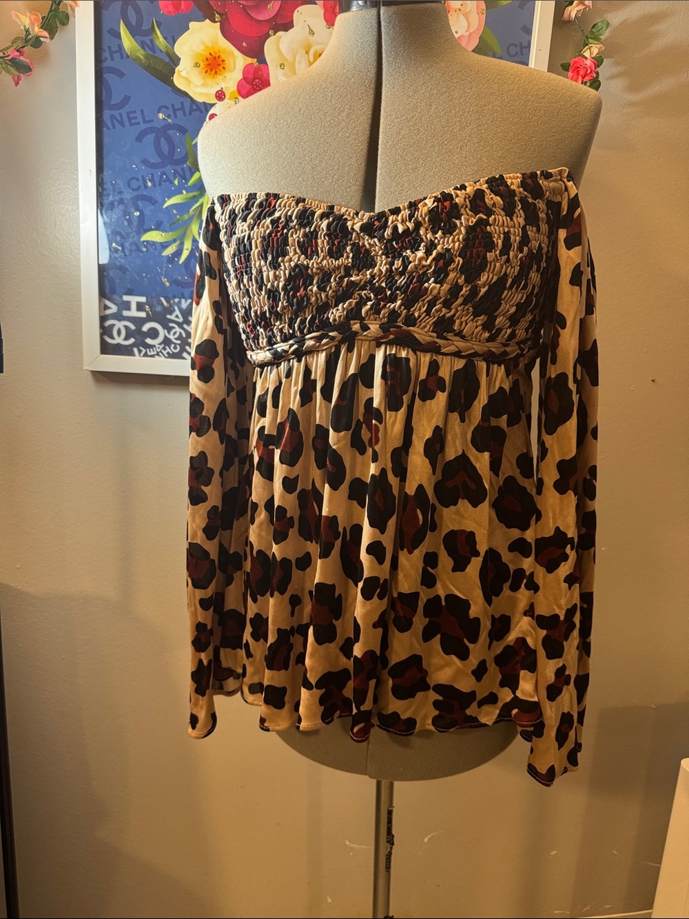 Sky Leopard Print Smocked Off-Shoulder Top - Beige & Brown